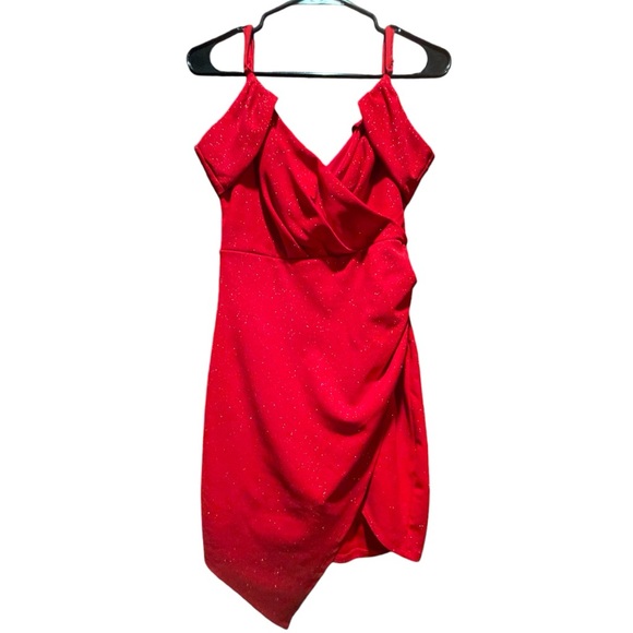 Emerald Sundae Womens Red Glitter Faux Wrap Party Mini Dress Juniors Size Large - Picture 2 of 16